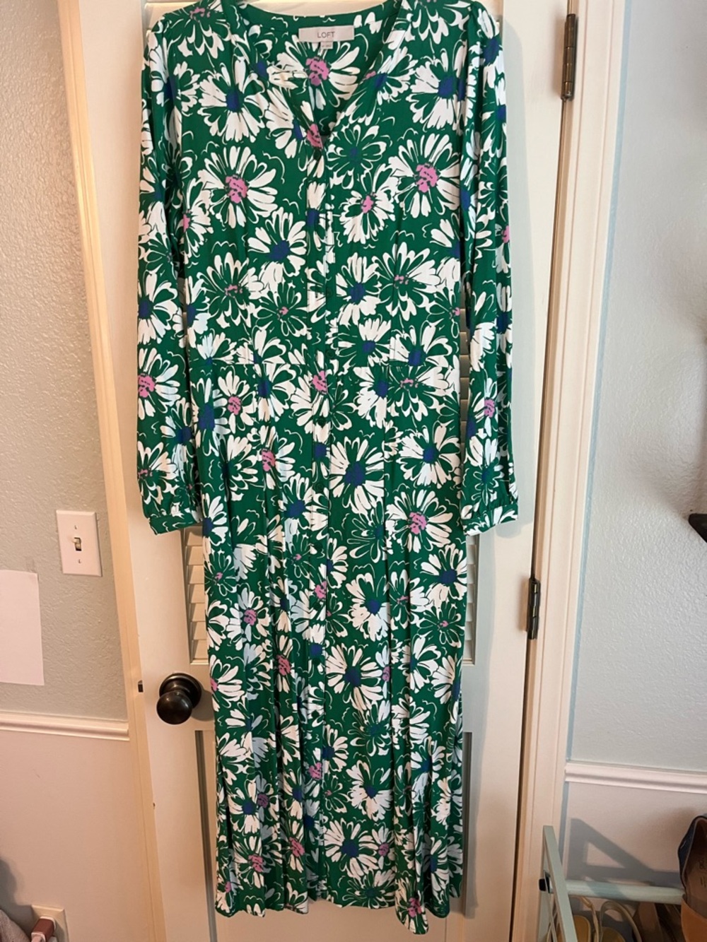 LOFT Floral Balloon Sleeve Button Down Midi Pocket Dress - Picture 3 of 7